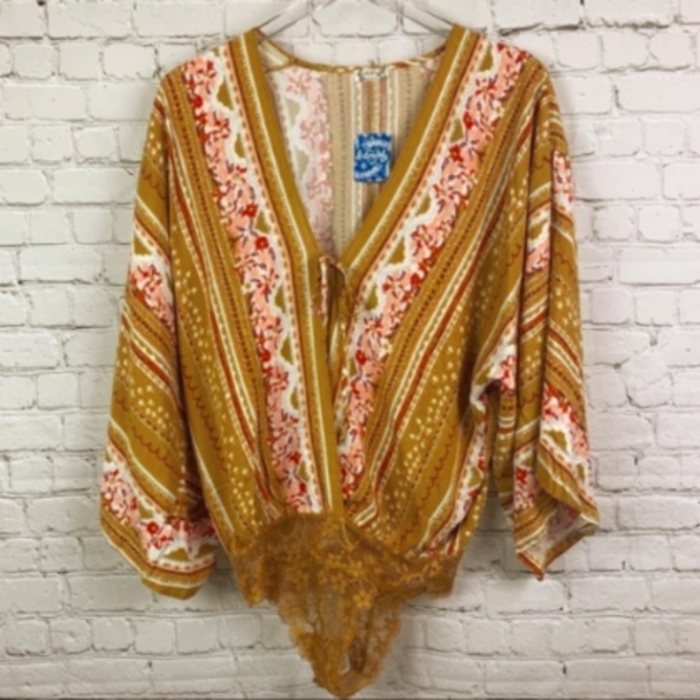 Free People Mustard Yellow Printed BodySuit